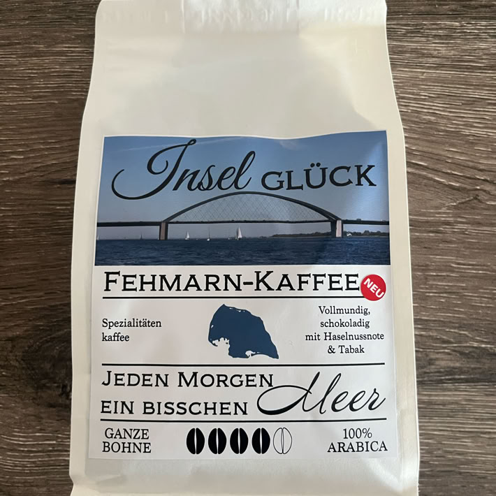 Kaffee Crema Sorte des Fehmarnkaffee Arabica Espresso Fehmarn Fehmarnsundbrücke Souvenir Mitbringsel Ostsee Cafe Crema ganze Bohne
